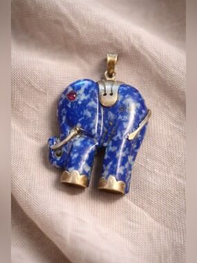 ANTIQUE Asian Sterling Silver & Genuine Lapis Lazuli Elephant Pendant Ruby Eye